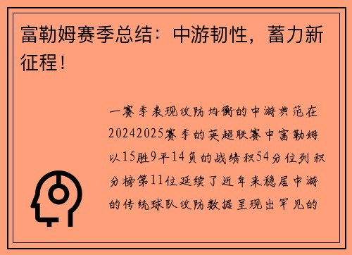 富勒姆赛季总结：中游韧性，蓄力新征程！