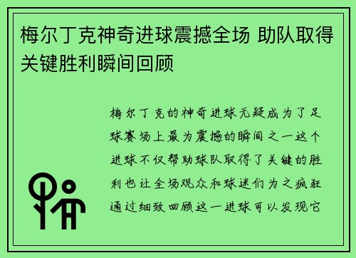 梅尔丁克神奇进球震撼全场 助队取得关键胜利瞬间回顾